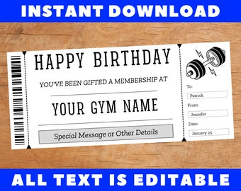 Gym Membership Birthday Gift Ticket Template, Workout Fitness Pass Birthday Certificate Card Coupon Voucher, Printable Template, Instant