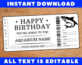 Birthday Aquarium Gift Ticket, Birthday Aquarium Trip Gift Certificate Card Coupon Voucher, Printable Birthday Gift Template, Editable