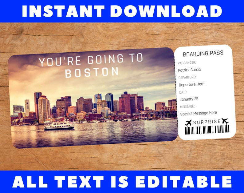 Printable Boston Boarding Pass Template, Surprise Fake Airplane Airline Plane Ticket Trip Gift
