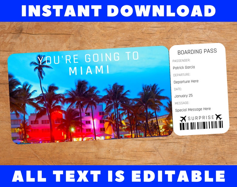 Printable Miami Boarding Pass Template, Surprise Fake Airplane Airline Plane Ticket Trip Gift