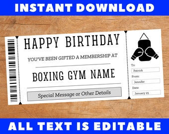 Boxing Membership Birthday Gift Ticket Template, Gym Pass Birthday Certificate Card Coupon Voucher, Printable Template, Instant Download