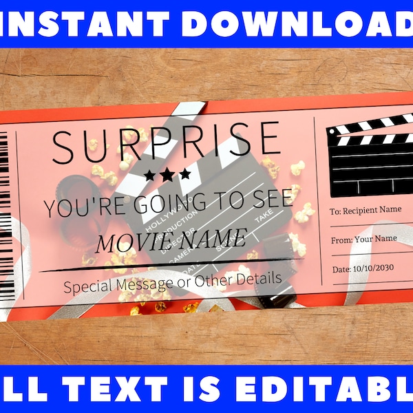 Surprise Movie Night Gift Ticket, Surprise Film Movie Day Certificate Card Coupon Voucher, Printable Gift Surprise Template Instant Download