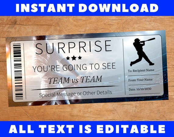 Baseball Ticket Birthday Gift - Surprise Ticket to a Baseball Game -  Printable template - Gift Voucher Coupon - EDITABLE TEXT DOWNLOAD