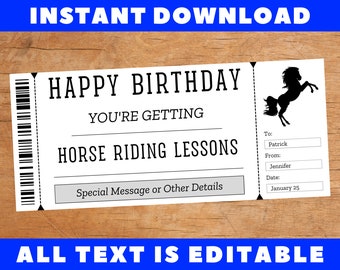 Horse Riding Lessons Birthday Gift Ticket Template, Horseback Birthday Certificate Card Coupon Voucher, Printable Template, Instant Download