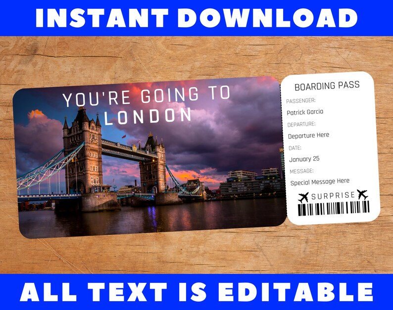 Printable London Boarding Pass Template, Surprise Fake Airplane Airline Plane Ticket Trip Gift
