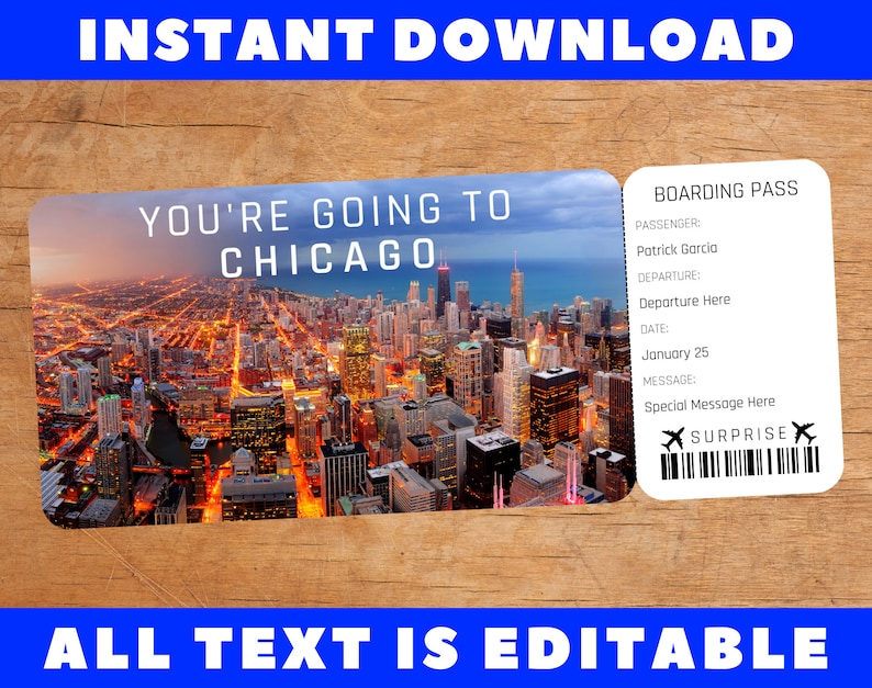 Printable Chicago Boarding Pass Template, Surprise Fake Airplane