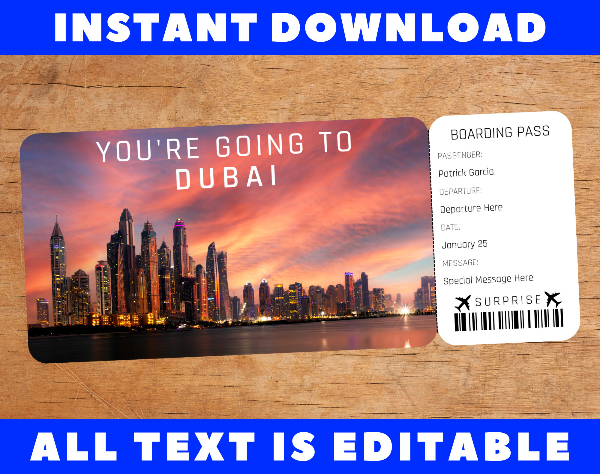 Printable Dubai Boarding Pass Template, Surprise Fake Airplane Airline
