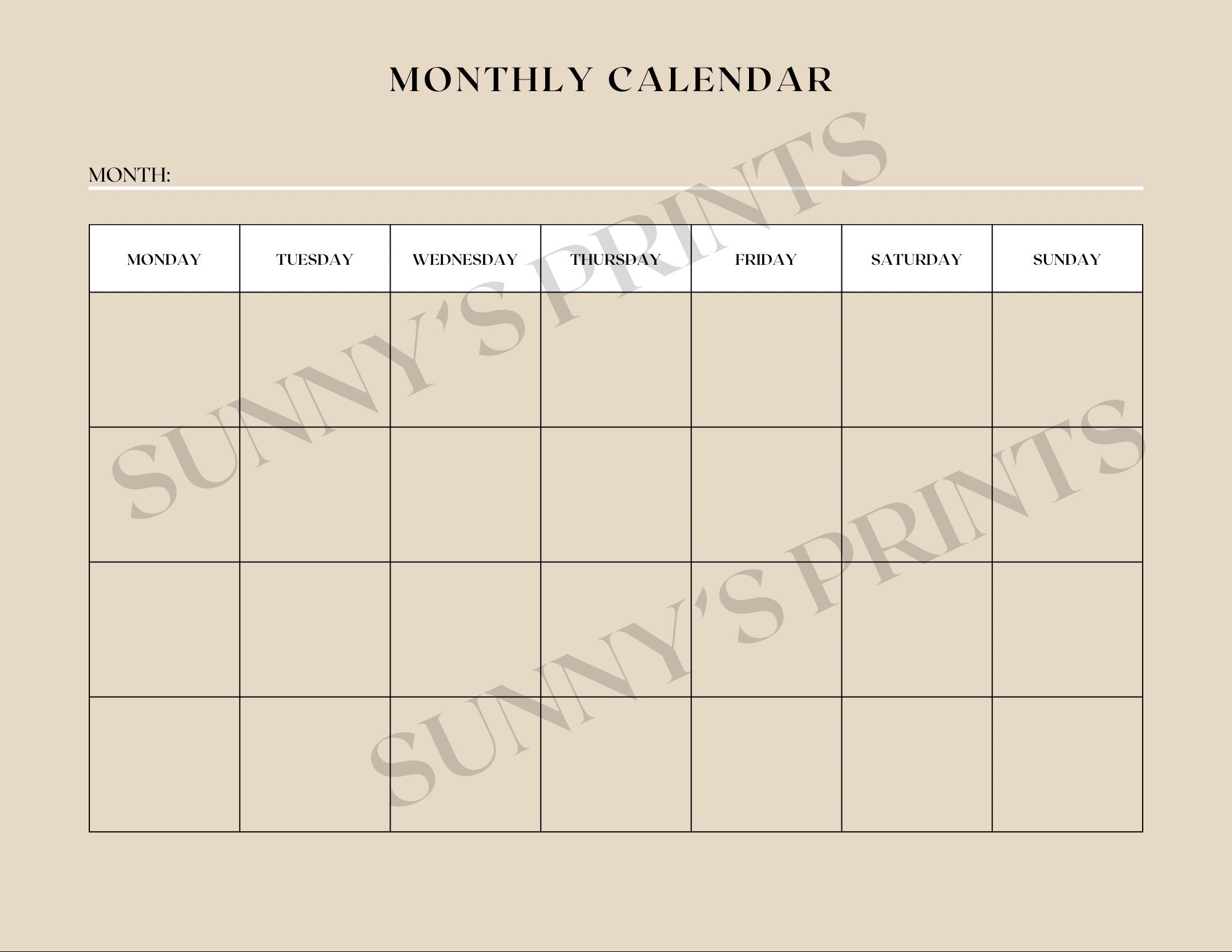 Monthly Calendar Template - Etsy