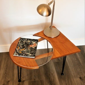 furniture, mid century, end table, table, wood work, wood table, wood and glass table