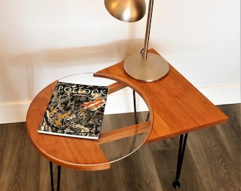 furniture, mid century, end table, table, wood work, wood table, wood and glass table