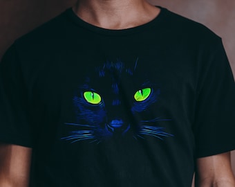 Black Cat Eyes Graphic Shirt for Cat Lovers, Womens Black Kitty T-Shirt, Gift for Cat Mom, Dad, Meowmy, Pet Panther Puma Trendy Tee Shirt