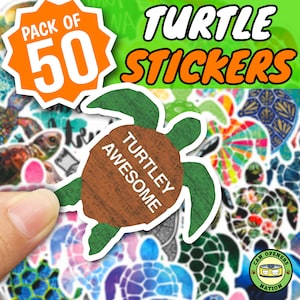 50 Cute TURTLE Stickers Pack, Kawaii Cartoon Style Vinyl Waterproof Tortoise Meme Decals, DIY Decoration for Macbook, Water Bottle, Planner