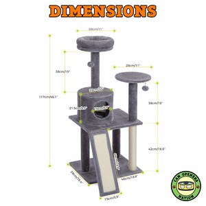 May include: A gray cat tree with a scratching post, a bed, and a platform. The cat tree is 46.1 inches tall and has a 15.4 inch wide base. The cat tree has a scratching post that is 18.9 inches tall and a platform that is 16.5 inches tall.