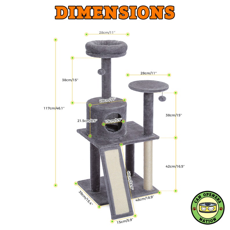 May include: A gray cat tree with a scratching post, a bed, and a platform. The cat tree is 46.1 inches tall and has a 15.4 inch wide base. The cat tree has a scratching post that is 18.9 inches tall and a platform that is 16.5 inches tall.