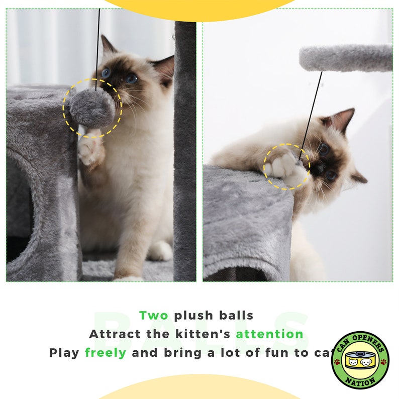 May include: A gray cat tree with two plush balls hanging from strings. The cat is playing with the balls. The cat tree has a platform and a scratching post. The text "CAN OPENERS NATION" is on a red and white sticker.
