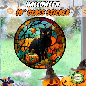 10" Halloween Glass Sticker for Cat Lovers, Spooky Black Cat & Pumpkins Window Decal, Stained Glass Spooky Cat DIY Home Decoration,Glass Art