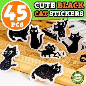 45x Niedliche Schwarze Katze Aufkleber, Ebony Dark Shadowy Panther Kitty DIY Dekoration für Katzenliebhaber, Sab Katze Art Vinyl Wasserdichte Haustier Aufkleber, Noir