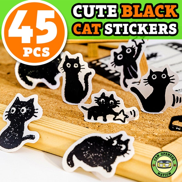 45x Cute Black Cat Stickers, Ebony Dark Shadowy Panther Kitty DIY Decoration for Cat Lovers, Sab Cat Art Vinyl Waterproof Pet Decals, Noir