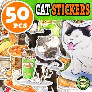 50x Lindas Pegatinas de Gatos, Calcomanías Divertidas de Dibujos Animados de Vinilo Meme de Gatos, Decoración de Gatitos para Botellas de Agua, Computadoras Portátiles, Patinetas, Juguetes de Equipaje para Cuadernos