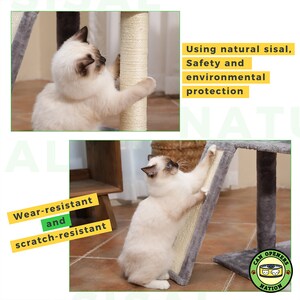 May include: A white cat scratching a gray and beige cat scratching post. The post is made of sisal, which is a natural material. The text "Using natural sisal, Safety and environmental protection" is visible in the image. The text "Wear-resistant and scratch-resistant" is also visible in the image.