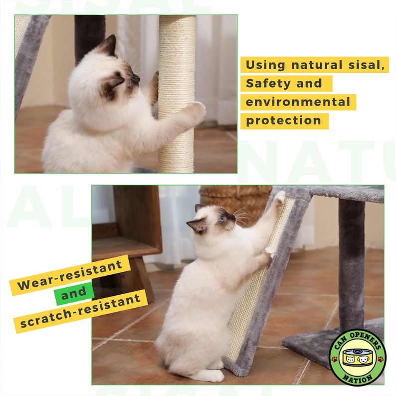 May include: A white cat scratching a gray and beige cat scratching post. The post is made of sisal, which is a natural material. The text "Using natural sisal, Safety and environmental protection" is visible in the image. The text "Wear-resistant and scratch-resistant" is also visible in the image.