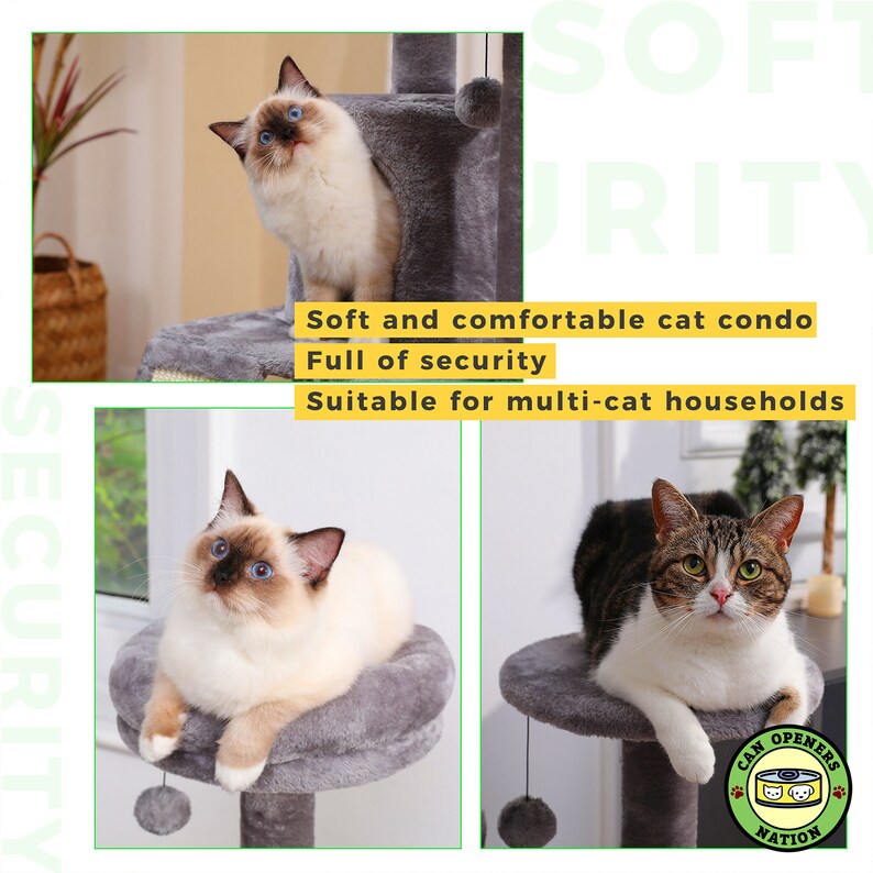 May include: A gray cat tree with multiple levels, including a condo, a perch, and a scratching post. Two cats are sitting on the tree, one white and one tabby. The text "Soft and comfortable cat condo, Full of security, Suitable for multi-cat households" is visible on the image.
