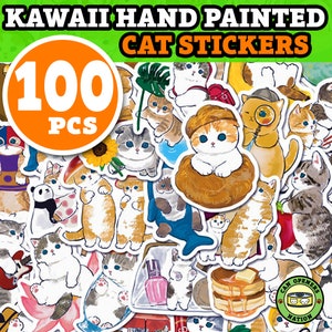 100 süße Kawaii Katzen Aufkleber Mega Pack, Maxi Bundle Handbemalte Vinyl Wasserdichte Katzen Meme Abziehbilder, Cartoon Kunst DIY Dekoration für Macbook
