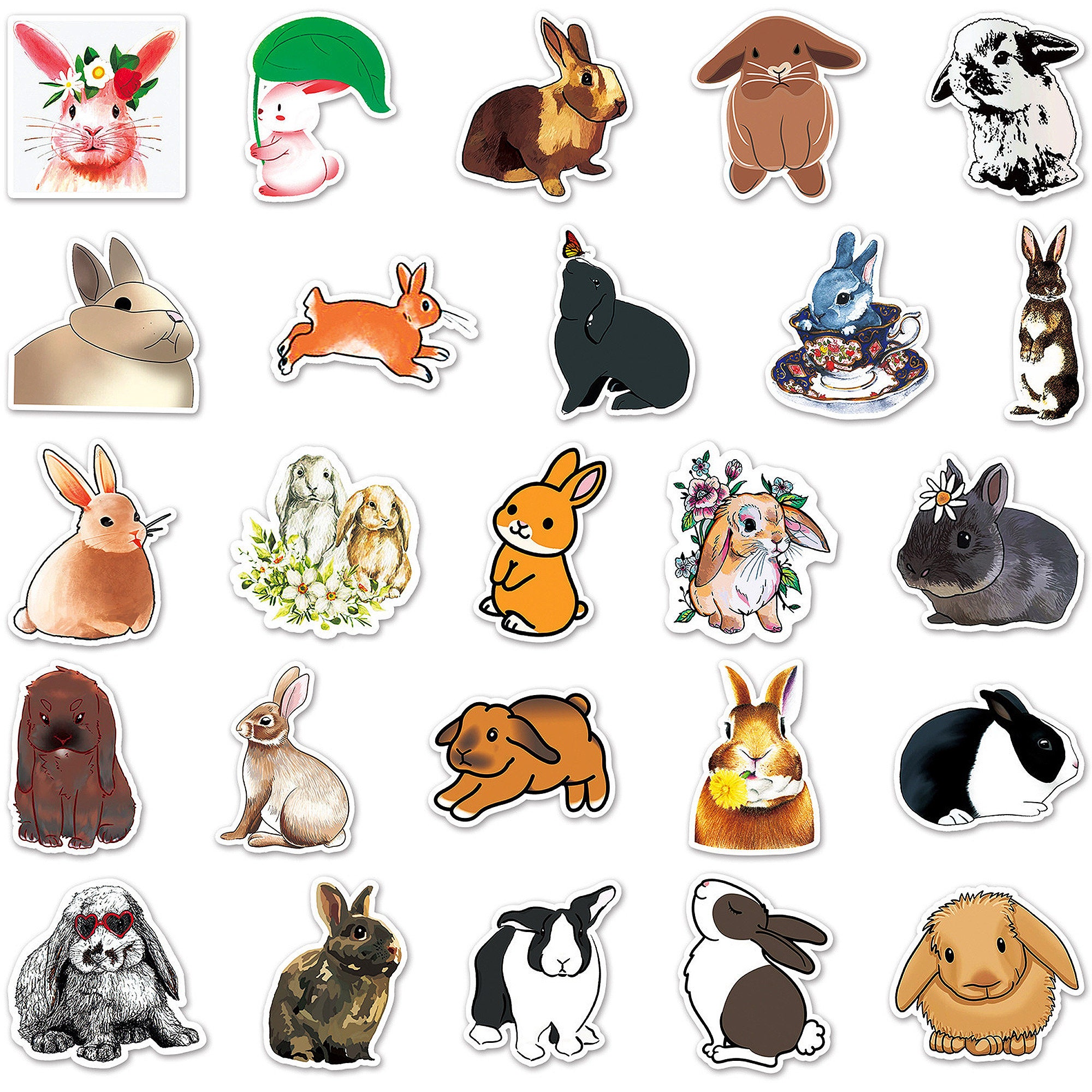 50 PCS Cute BUNNY Stickers, Kawaii Cartoon Meme Rabbit Die Cut Vinyl ...
