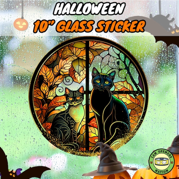 10" Halloween Glass Sticker for Cat Lovers, Spooky Black Cat & Pumpkins Window Decal, Stained Glass Spooky Cat DIY Home Decoration,Glass Art