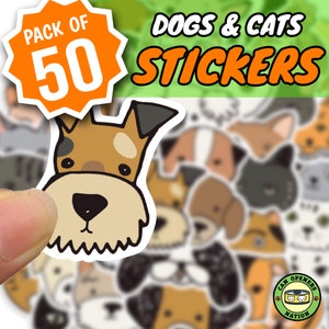 50 Stück niedliche HUNDE & KATZEN Aufkleber, Welpe / Kitty Wasserdichte Cartoon Stil Abziehbilder, Hund Wasserflasche Dekoration, Laptop, Skateboard, Notizbuch