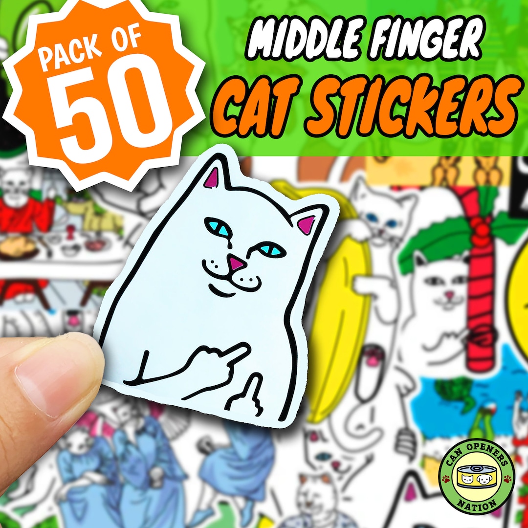 50 middle finger cat stickers pack meme kawaii cartoon bw style
