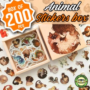 CAJA de 200 pegatinas de animales, megapaquete de lindas pegatinas de mascotas Kawaii pintadas a mano, decoración de perros y gatos DIY para botella de agua/Macbook/iPhone/juguetes