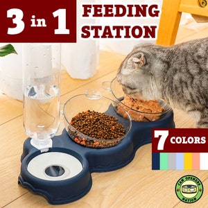 Double Cat Food Bowl, 3 in 1 Automatic Pet Feeding Station, Tilted Raised Cat Dishes, Elevated Angled Dog Feeder+Waterer, Dry/Wet Separation