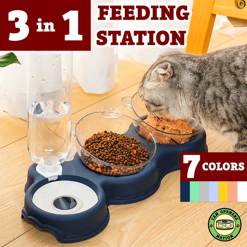 Double Cat Food Bowl, 3 in 1 Automatic Pet Feeding Station, Tilted Raised Cat Dishes, Elevated Angled Dog Feeder+Waterer, Dry/Wet Separation