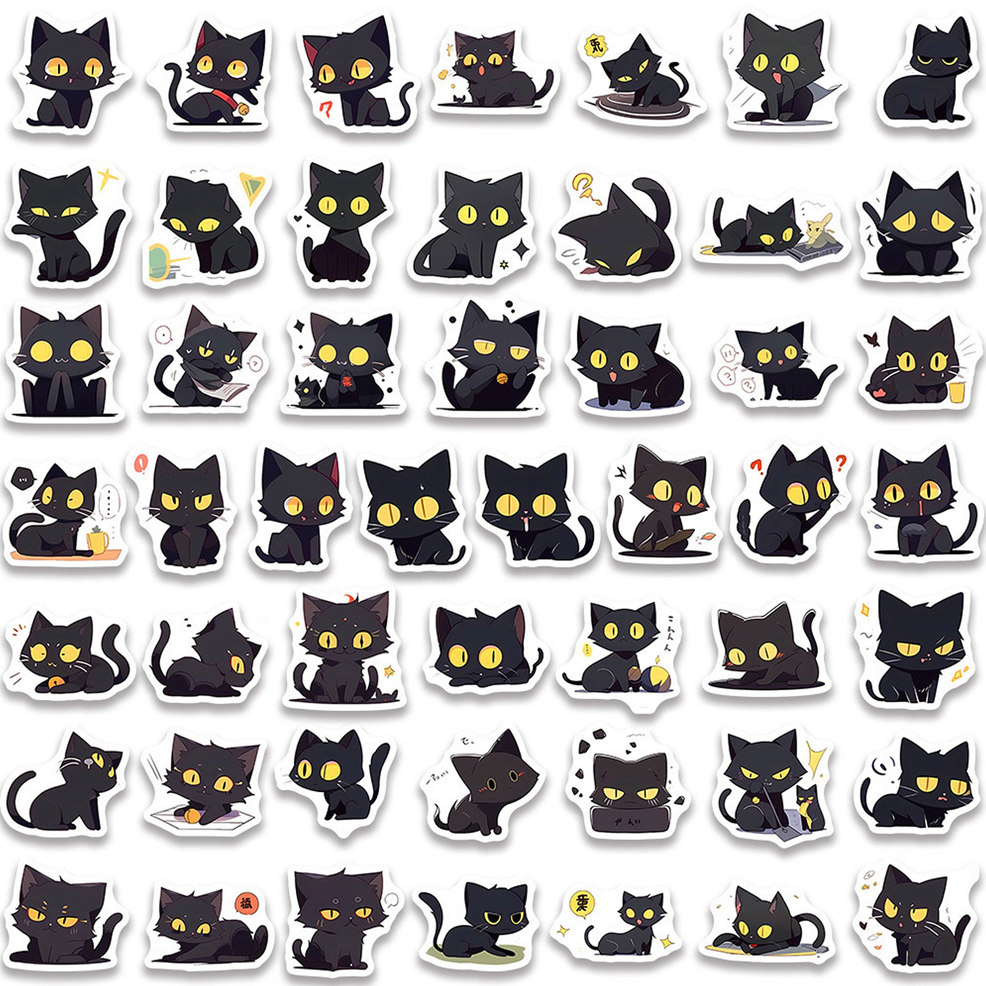 100 Kawaii Black Cat Stickers, Ebony Dark Shadowy Big Eyes Kitty DIY ...