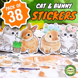 38 Cute Kawaii Cat & Bunny Stickers Mega Pack, vinilo pintado a mano a prueba de agua Cats Meme Decals, Rabbit Cartoon Art DIY Decoración para Macbook