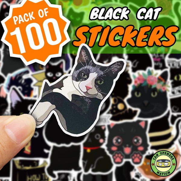 100 Kawaii Black Cat Stickers, Ebony Dark Shadowy Big Eyes Kitty DIY Decoration for Cat Lovers, Sab Cat Art Vinyl Waterproof Pet Decal, Noir