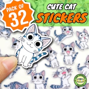 32 PCS Cute CAT Stickers Pack, Hand Painted Vinyl Waterproof Tabby Cat Decals, Cartoon Art DIY Decoration for Macbook, Water Bottle, iPhone