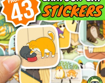 43 Funny Cartoon CAT Stickers Pack, Meme Kawaii Style Waterproof Kitten Vinyl Decals, DIY Decoration for Notebook, Water Bottle, Planner,Car
