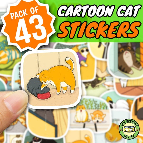 43 Funny Cartoon CAT Stickers Pack, Meme Kawaii Style Waterproof Kitten Vinyl Decals, DIY Decoration for Notebook, Water Bottle, Planner,Car