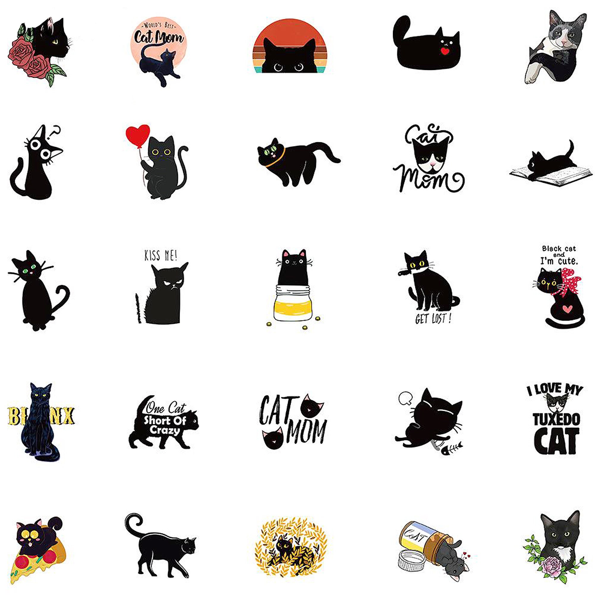 100 Kawaii Black Cat Stickers, Ebony Dark Shadowy Big Eyes Kitty DIY ...