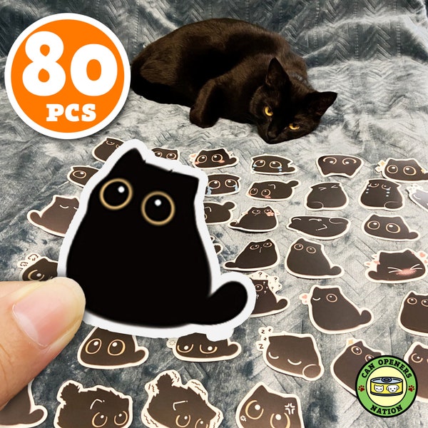 80 Kawaii Black Cat Stickers, Ebony Dark Shadowy Big Eyes Kitty DIY Decoration for Cat Lovers, Sab Cat Art Vinyl Waterproof Pet Decal, Noir