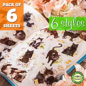 6 lindas hojas de pegatinas de gatos, juego de hojas de pegatinas de flores de gatitos Kawaii para decoración de álbumes/planificadores, decoración de calcomanías de vinilo de dibujos animados de gatitos DIY para Mac