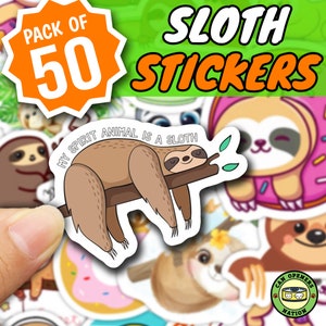 50 Cute SLOTH Stickers Pack, Kawaii Cartoon Style Vinyl Waterproof Laze Meme Decals, Art DIY Decoration for Macbook, Water Bottle, Planner
