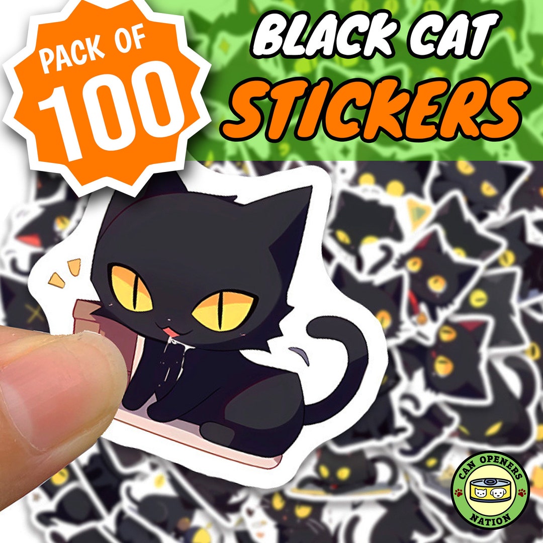 100 Kawaii Black Cat Stickers, Ebony Dark Shadowy Big Eyes Kitty DIY ...