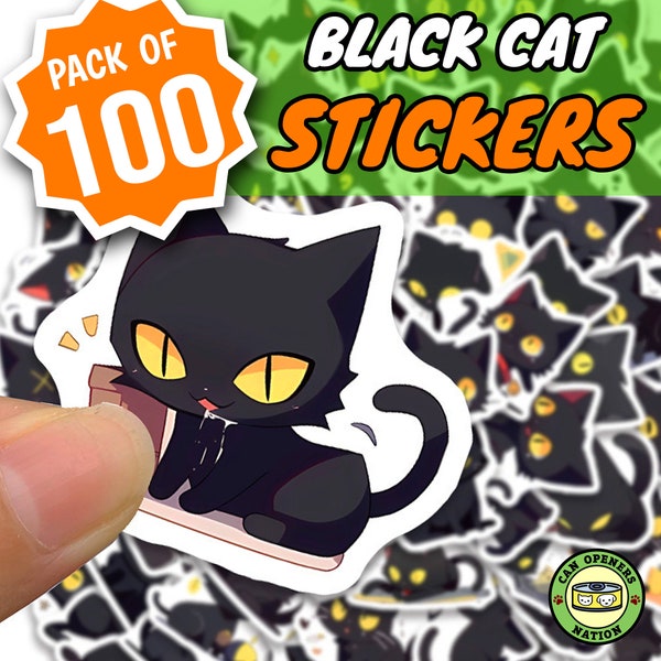 100 Kawaii Black Cat Stickers, Ebony Dark Shadowy Big Eyes Kitty DIY Decoration for Cat Lovers, Sab Cat Art Vinyl Waterproof Pet Decal, Noir