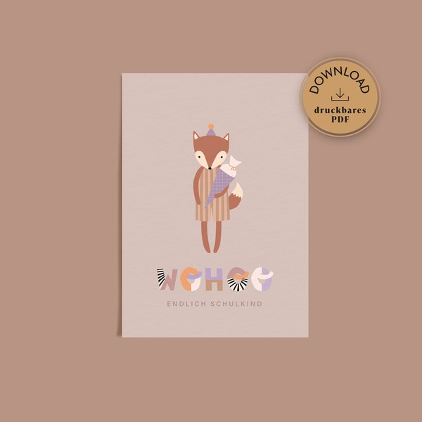 Enrollment Postcard | WOHOO Finally school child | A6 card digital download | illustrated foxes | School, preschool, school bag