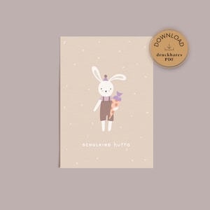 Matrícula escolar postal | Finalmente uma criança em idade escolar | Download digital do cartão A6 | coelho ilustrado | Escola, pré-escola, cone escolar