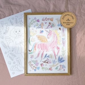 2 páginas para colorear para niños | Dibujo de Niña de las flores + unicornio para colorear para imprimir | Páginas para colorear como descarga PDF A4
