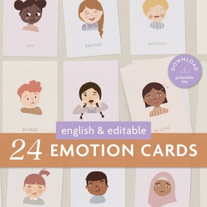 子供向けの感情カード 24 枚 |編集可能&英語 |モンテッソーリのフラッシュカード |感情の理解と学習 | ADHD |デジタルダウンロード